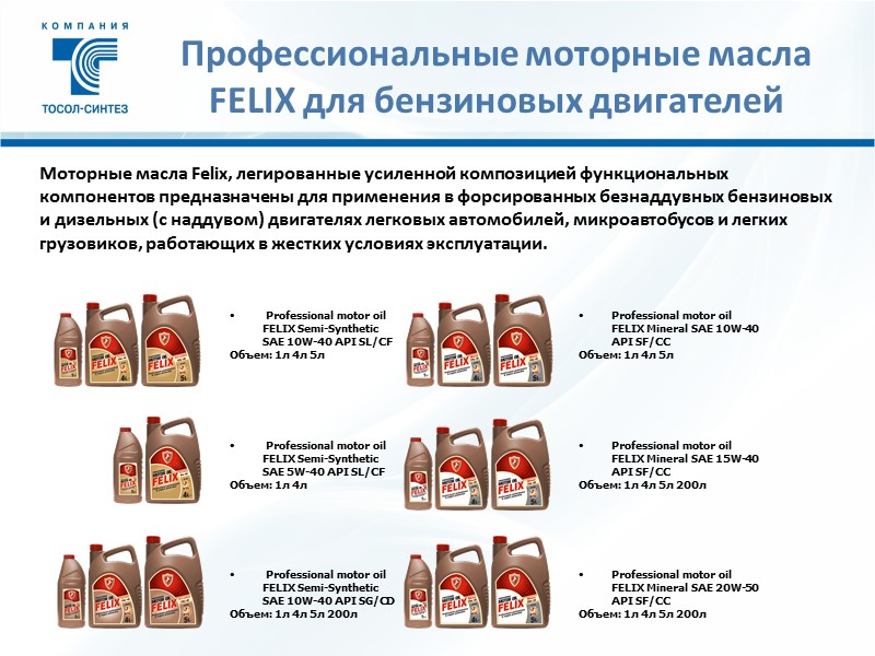 Профессиональные моторные масла FELIX для бензиновых двигателей Моторные масла Felix, легированные усиленной композицией функциональных